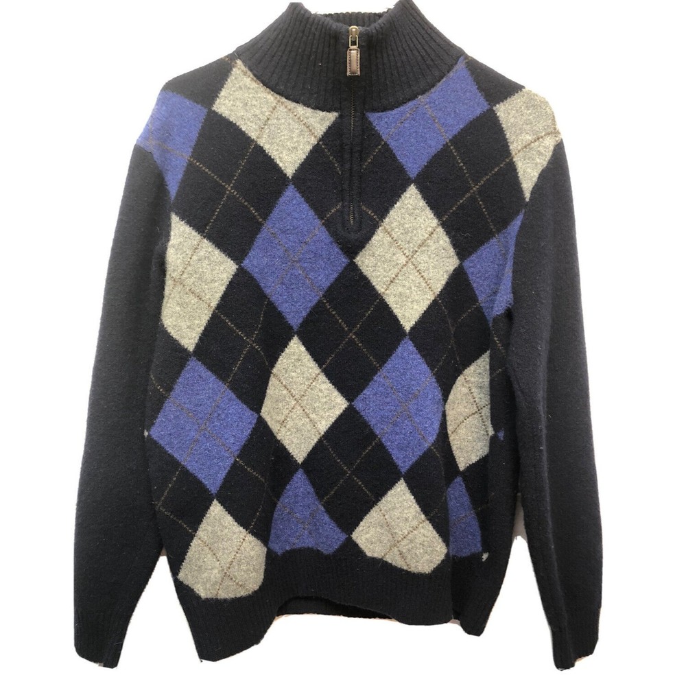 J Crew Sweater Mens Large Argyle Premium Lambswool Quarter Zip Cardigan